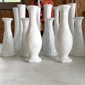 SOLDBeautifully curated milk glass vases.